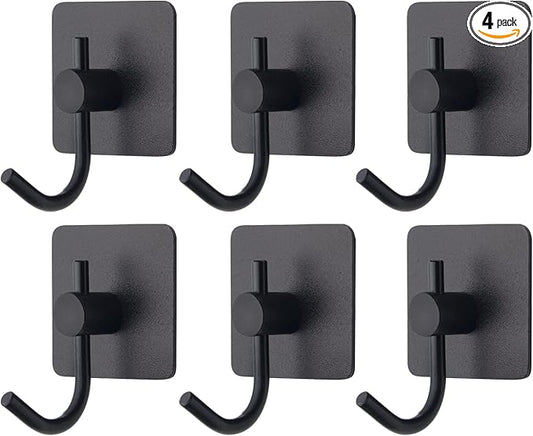 VAEHOLD 6 Pack Adhesive Wall Hooks, Heavy Duty Sticky Holder Aluminum Towel Hooks for Hanging Coat, Hat, Key, Clothes, Closet Hook Wall Mount for Kitchen, Bathroom, Office (Black)