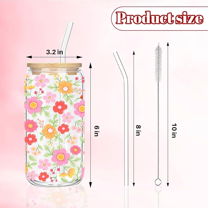 Cute Floral Iced Coffee Cup, Daisy Flower Glass Tumbler, 16 oz Aesthetic Coffee Glass Cup with Lid Straw, Christmas Birthday Gifts for Women Teen Girls Sister Her