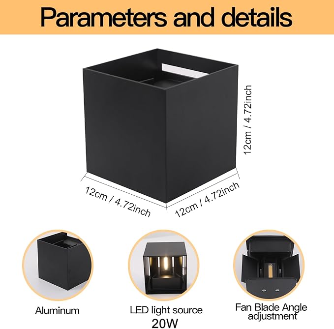 2 Pack Outdoor Sconces Wall Lights LED 20W Exterior/Interior Up and Down Lights IP65 Waterproof Modern Outdoor Lighting Fixtures Square Aluminum Wall Mount Light Black 3000K Warm Lights
