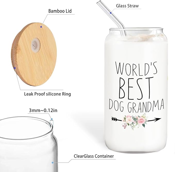 World's Best Dog Grandma Glass Cup with Lids and Straws 14oz, Grandma Gifts for Mother's Day Birthday, Grandmother Gifts Glass Coffee Tumbler Drinking Jars with Cleaning Brush