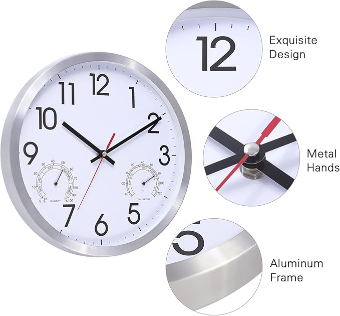 12 Inch Wall Clock with Temperature & Humidity, Aluminum Frame Wall Clocks, Sweep Silent Movement Accurate Clocks, Decorative for Kitchen Living Room Bedroom