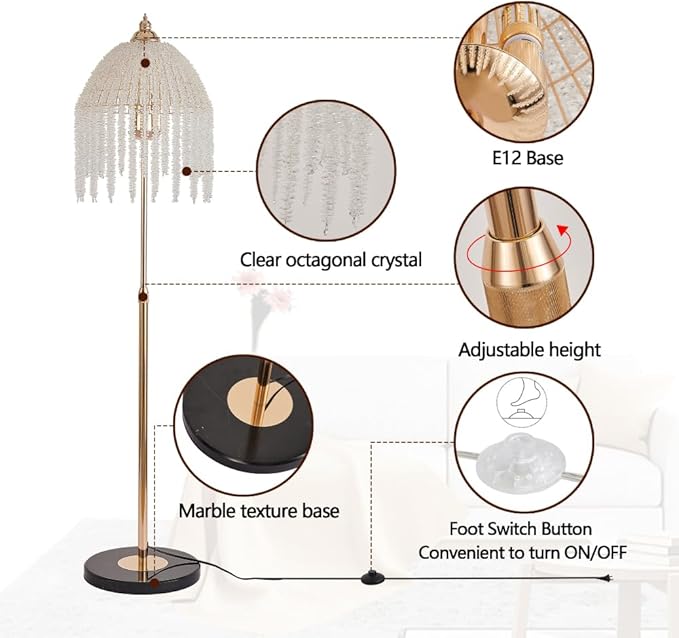 Vintage Style Floor Standing Lamp, Waterfall Design with Grape-Shaped Tall Gold Pole Light, Modern Dimmable Crystals Standing Lamps (Gold + Iron-6)