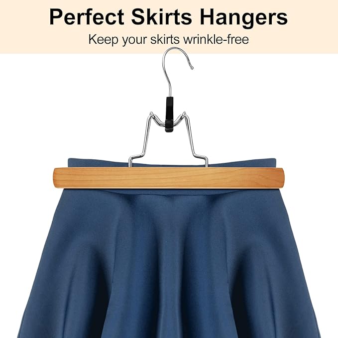AMKUFO 20 Pack Natural Wooden Pants Hangers with Clips Non Slip Skirt Hangers Trouser Clamp Hanger Solid Wood Hanger with 360° Swivel Hook