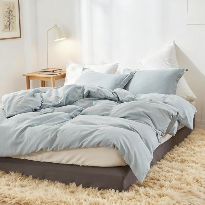 Simple&Opulence French Linen Duvet Cover Set 78" x 86"- 3 Pieces (1 Comforter Cover,2 Pillowcases)- Natural Flax Cotton Blend-Solid Color Breathable Farmhouse Bedding-Dusty Blue, Full