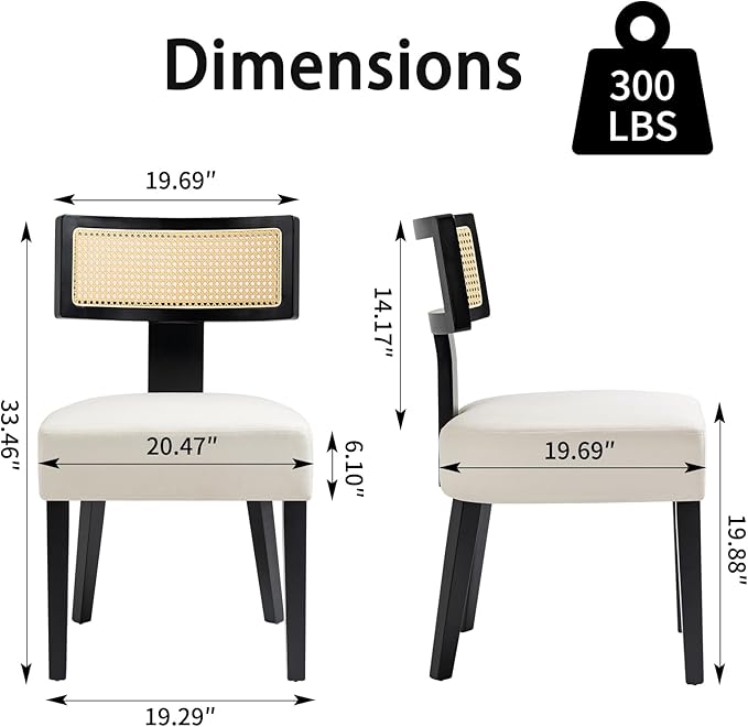 Upholstered Rattan Dining Chairs Set of 6, Mid-Century Modern Fabric Dining Room Chairs with Black Hardwood Frame, Curved Backrest Kitchen Armless Accent Chairs for Living Room (Cream)