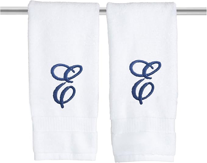 White Monogrammed Hand Towels for Bathroom - Luxury Hotel Quality Personalized Initial Embroidered Towel for Powder Room, Spa - GOTS Organic Certified - Set of 2 Navy Letter E