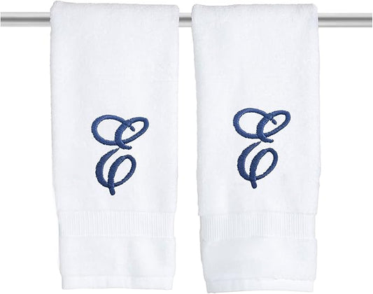 White Monogrammed Hand Towels for Bathroom - Luxury Hotel Quality Personalized Initial Embroidered Towel for Powder Room, Spa - GOTS Organic Certified - Set of 2 Navy Letter E