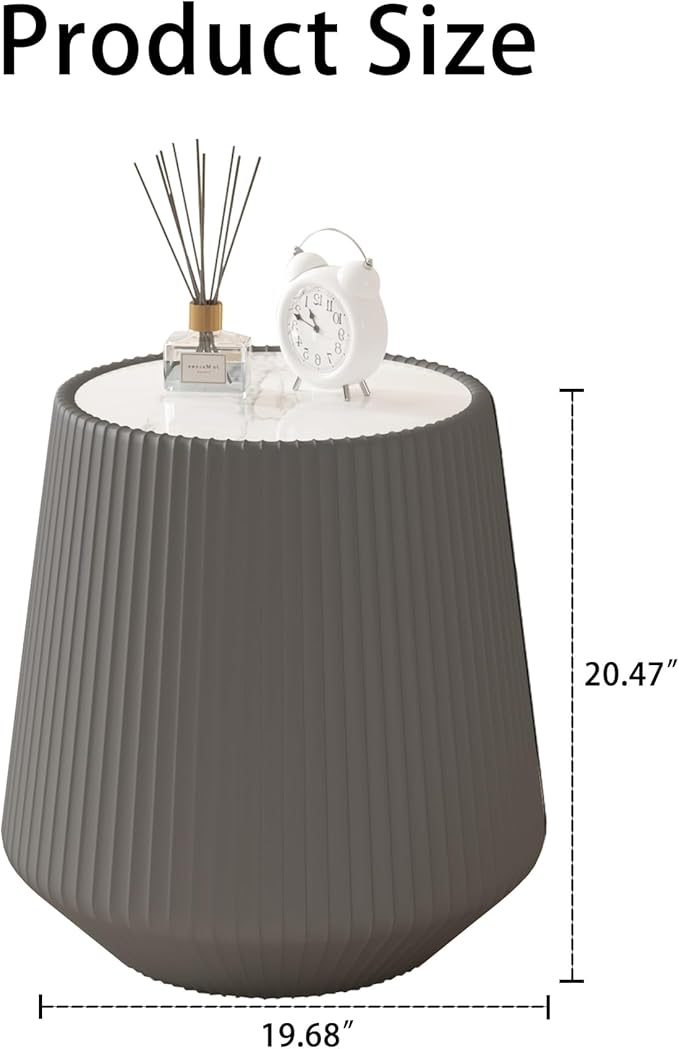 Grey Round Coffee Table with Sintered Stone Tabletop, 17.71" Drum Coffee Table with Fluted PU Leather Covered and Stable Base, Circle Cocktail Tea Table for Living Room