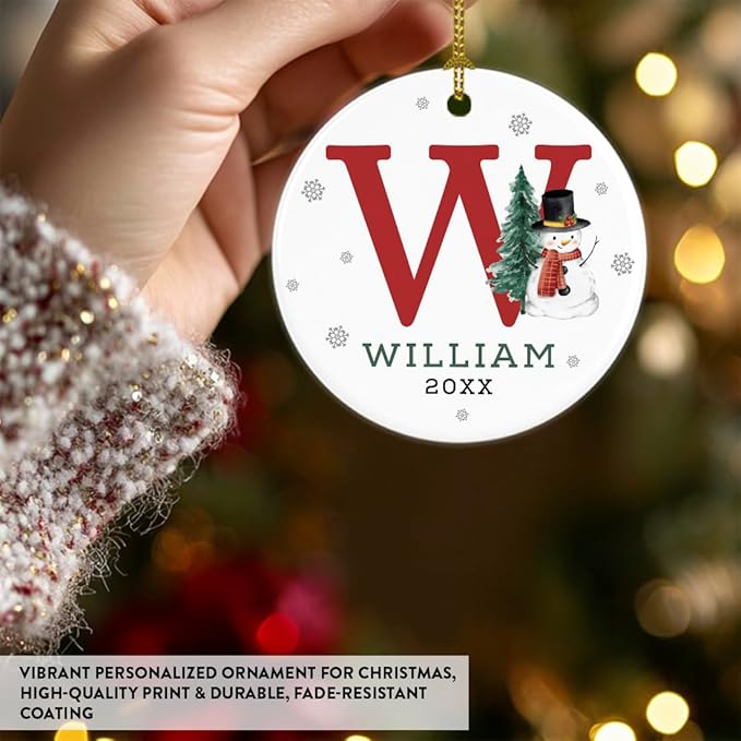 Andaz Press Personalized Christmas Ornament, Custom Name, Initial W Monogram Snowman 2.8" Ceramic Porcelain 2025 Christmas Ornament Keepsake for Kids, Boys, Girls, Initial Ornaments, 1-Pack