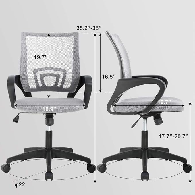 BestOffice | Ergonomic Office Chair | Mid-Back Swivel Desk Chair | Breathable Backrest & Lumbar Support | Adjustable Height | Sponge Seat | Rolling Wheels | Grey | for Adults & Women