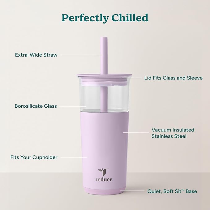 REDUCE Aspen 20 oz Vacuum Insulated Glass Tumbler with Lid & Extra Wide Straw - Keeps Drinks Cold for 12 Hrs - Ideal for Iced Coffee, Smoothies & Boba - Dishwasher Safe, Soft Base - Lilac Bud