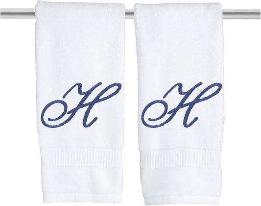White Monogrammed Hand Towels for Bathroom - Luxury Hotel Quality Personalized Initial Embroidered Towel for Powder Room, Spa - GOTS Organic Certified - Pack of 2 Navy, Letter H