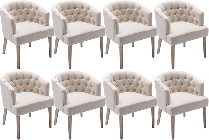 DUOMAY Modern Tufted Dining Chairs Set of 8, Linen Upholstered Side Chair, Comfy Accent Barrel Chair with Wood Legs for Home Kitchen Dining Room Living Room Restaurant, White