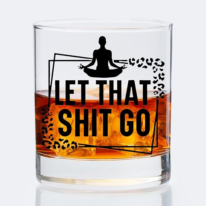 Yoga Lovers Gifts Old Fashioned Whiskey Glasses, Yoga Instructor Gifts, Let That Shit Go 10 oz Rocks Barware Cup for Cocktail Drinks Scotch Bourbon Liquor