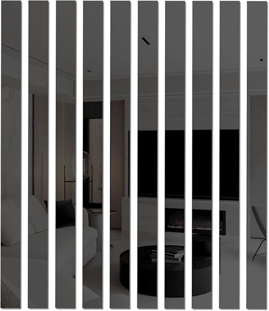 10Pcs DIY Striped Mirror Stickers 39.37 Inch Self Adhesive Long Acrylic Wall Decals Mirror Strips Removable for Home Art Wall Decor (Black)