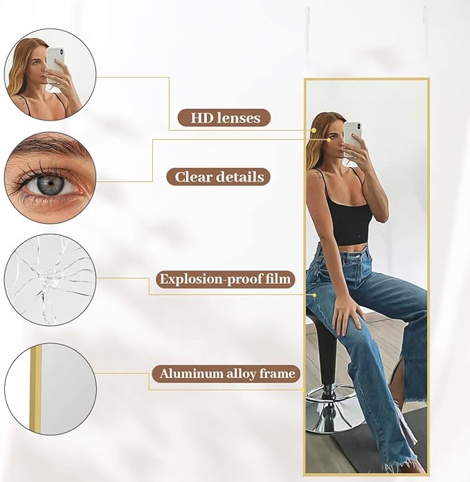 BEAUTYPEAK 14" x 48" Adjustable Height Over The Door Mirror, Rectangular Full Length Hanging Door Mirror with Shatterproof Tempered Glass Aluminum Alloy Frame for Dormitory, Gold
