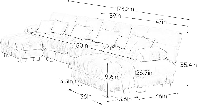 173.2" Oversized Couch, 4 Seater Modular Sectional Sofa, White Large U Shaped Sectional Fluffy Couch Set, Chenille Cloud Couch with Ottoman, Deep Seat Sofas for Living Room