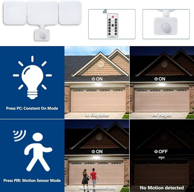 EMANER Outdoor Security Floodlight Waterproof, Remote Control, Motion Sensor or Stay On, Brightness Adjustable, Tunable White, 280W Equiv. 120V Motion Light for Yard Patio Porch (White, 2Pack)