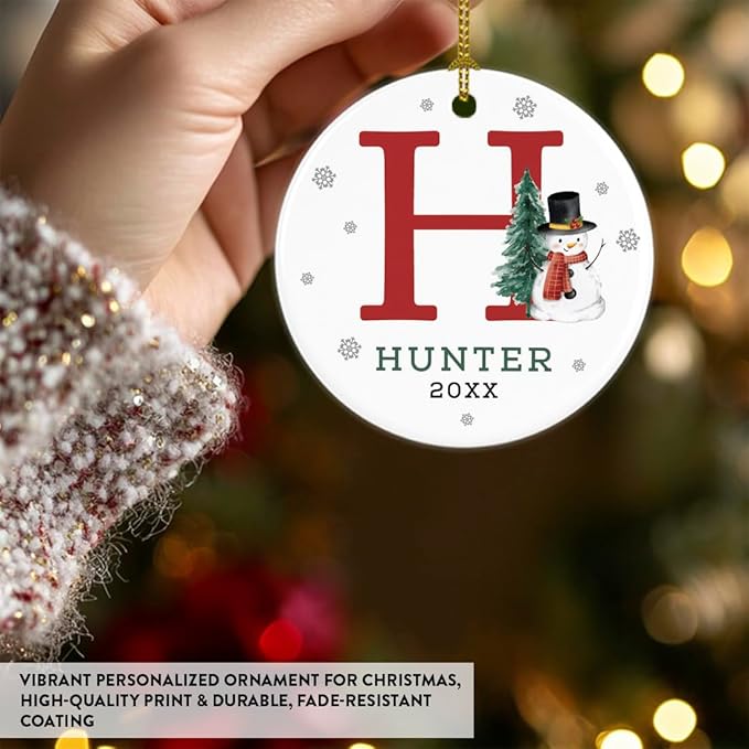 Andaz Press Personalized Ornament, Custom Name, Initial H Monogram Snowman 2.8" Ceramic Porcelain 2025 Christmas Ornament Keepsake for Kids, Boys, Girls, Initial Ornaments Monogram Ornaments 1-Pack