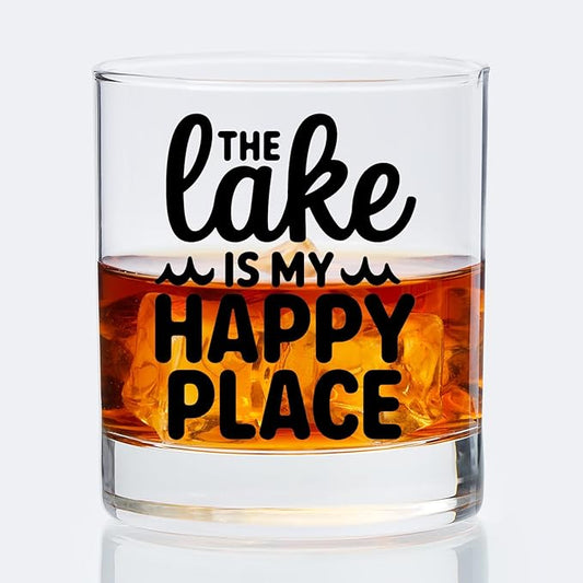 Lake Lovers Gifts Old Fashioned Whiskey Glasses, Like Life Gifts, The Lakes is My Happy Place 10 oz Rocks Barware Cup for Cocktail Drinks Scotch Bourbon Liquor