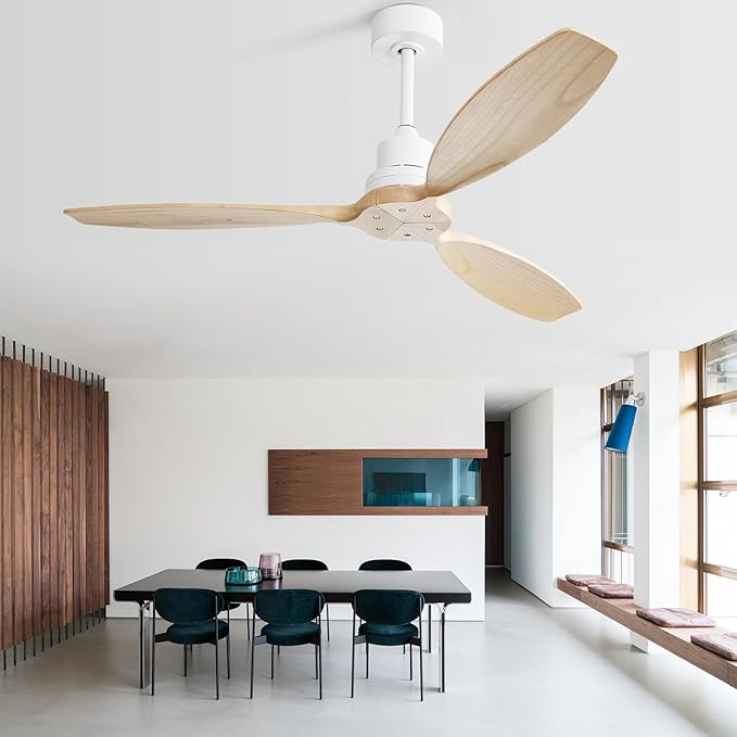Sofucor Ceiling Fan no Lights, 52 Inch Modern Wood Ceiling Fan with Remote, 3 Wooden Blades and 3 White Downrods, for Indoor Bedroom Living Room Outdoor Patio Porch, Reversible DC Motor, Quiet