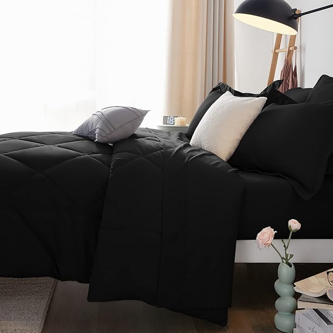 CozyLux Oversized Queen Comforter Set Black - 7 Pieces Bed in a Bag Comforter Set with Sheets, Luxury Soft Bed Set All Seasons, Bedding Set with Down Alternative Comforter, Sheets, Pillowcases & Shams