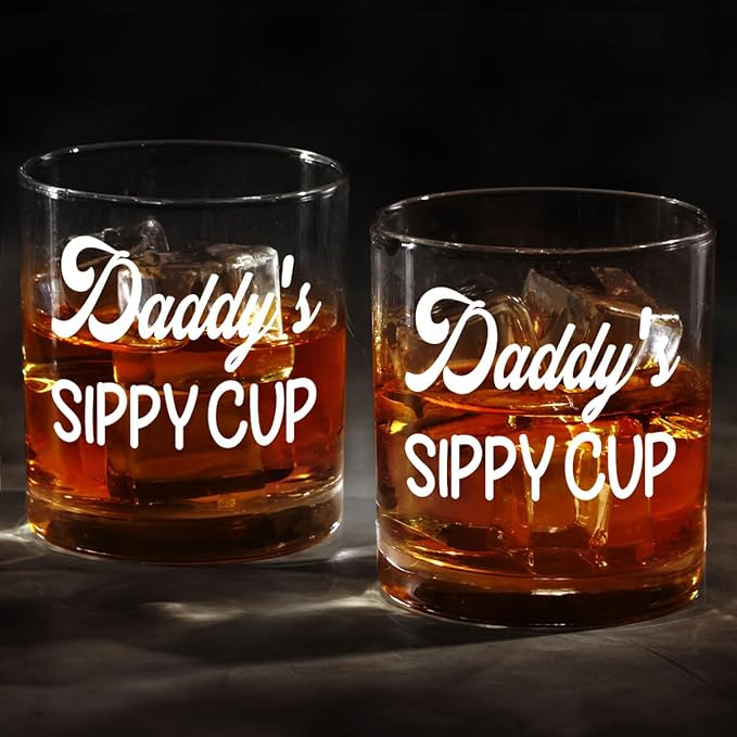 DOPTIKA Christmas Birthday Gifts For Dad, Husband Gift From Wife, 11 Oz Old Fashioned Glass For Men, Funny Gag Gifts For Men, Daddy's Sippy Cup Whiskey Glass, New Dad Gift