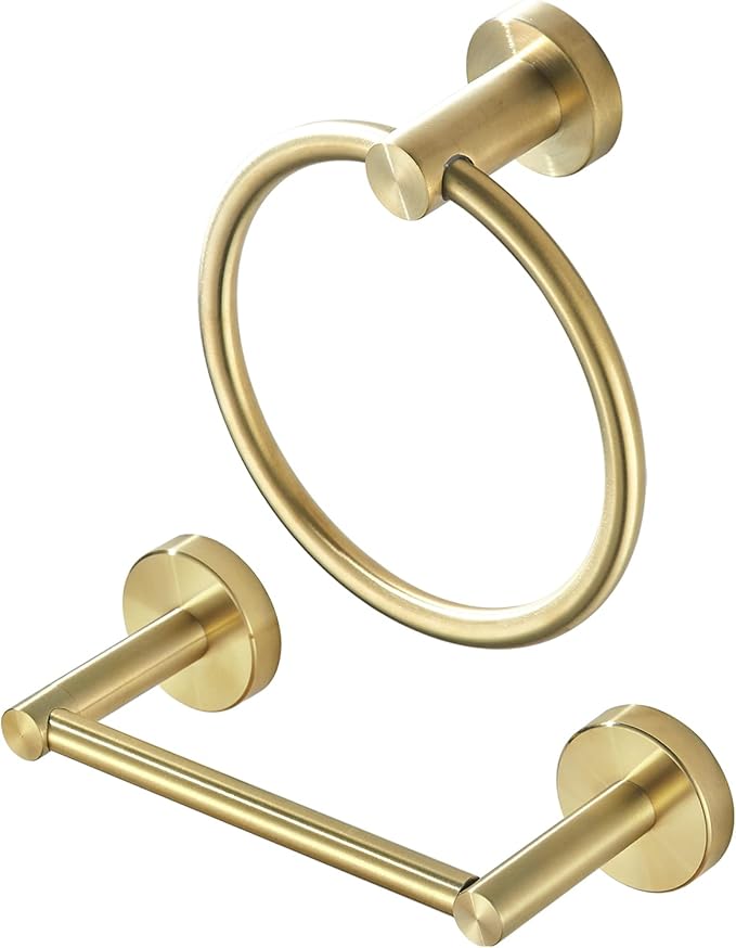 Gold Toilet Paper Holder Towel Ring, Brushed Gold Bathroom Accessories Hand Towel Holder Wall Mount Bath Hardware Set Tissue Roll Holder with Double Post SUS304 Stainless Steel 2pc