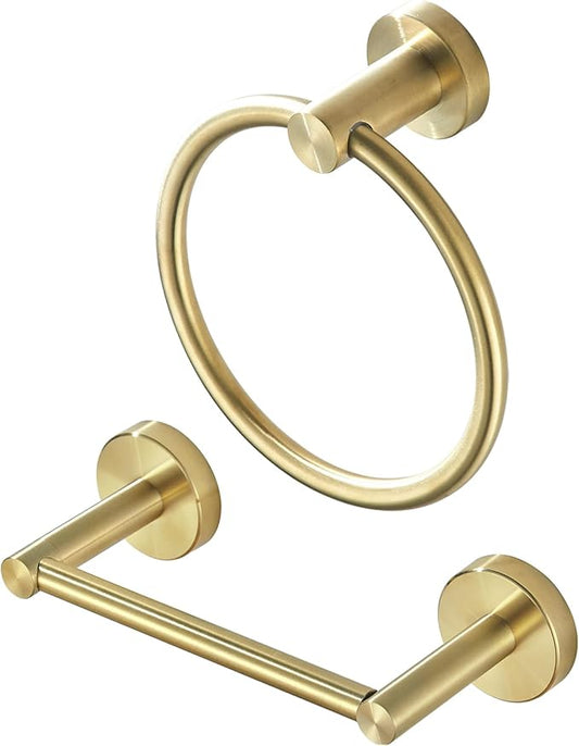 Gold Toilet Paper Holder Towel Ring, Brushed Gold Bathroom Accessories Hand Towel Holder Wall Mount Bath Hardware Set Tissue Roll Holder with Double Post SUS304 Stainless Steel 2pc
