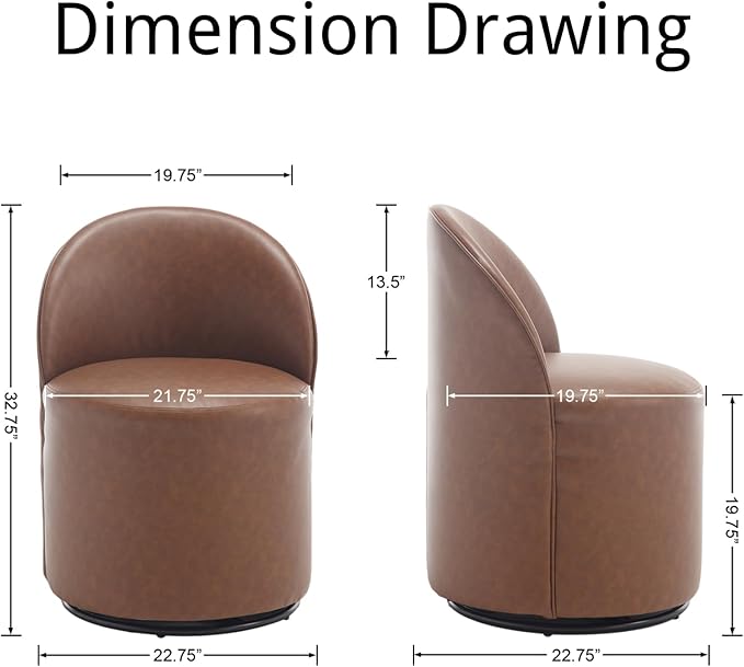 Modern Barrel Dining Chairs Set of 2, Swivel Base Cognac PU Leather Accent Chair 360°Rotating Mid-Century Dining Side Chair Kitchen Chair for Living Room, Bedroom, Home, Office, Kitchen(Brown)