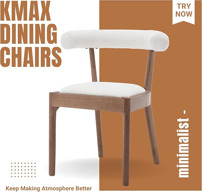 Kmax Dining Room Chairs Mid-Century Modern Fabric Kitchen Chairs with Natural Walnut Finished Frame, Linen Curved Back, Set of 4, White