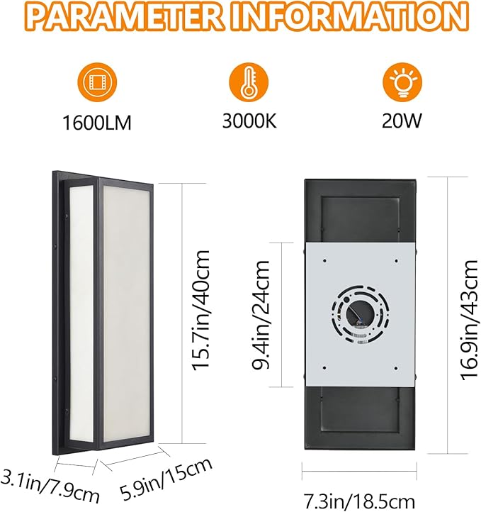 Outdoor Wall Light LED 20W 16.9in Rectangle - Black Modern Exterior Lighting Fixture with Resin Shade,IP65 Waterproof Porch Sconce Brightens to Garage,Front Door,Patio