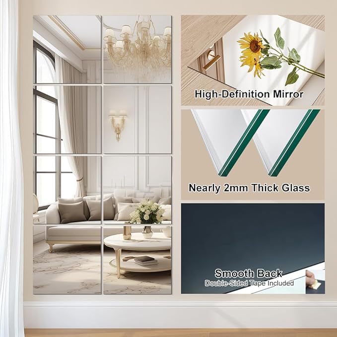 Vlush Full Length Wall Mirrors 11'' x 11'' x 10PCS Home Gym Full Body Mirror Full Length Mirror Wall Mounted Mirrors Decorative for Home Gym, Door, Bedroom & Bathroom