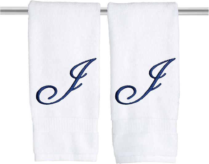 White Monogrammed Hand Towels for Bathroom - Luxury Hotel Quality Personalized Initial Embroidered Towel for Powder Room, Spa - GOTS Organic Certified - Set of 2 Navy Letter J