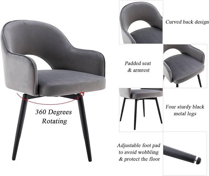 DUOMAY Swivel Dining Chair Set of 4, Modern Velvet Grey Upholstered Armless Side Chairs with 360-Degree Swivel for Dining Room, Living Room, Office
