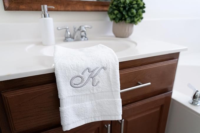 White Monogrammed Hand Towels for Bathroom - Luxury Hotel Quality Personalized Initial Embroidered Towel for Powder Room, Spa - GOTS Organic Certified - Set of 2 Silver Letter K