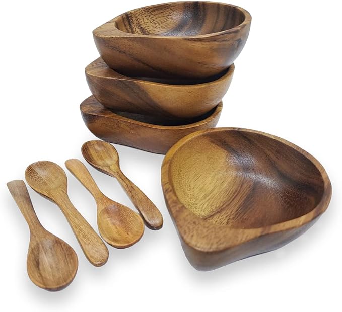 3¾" mini Acacia Wood Bowl with Tip-Supported Holding in small size for Condiments, Dip Sauce, Nuts, Candy, Fruits, Appetizer, and Snacks, Dia 3¾"x 1½" H - Set of 4 (FREE 4 Wood Spoons)