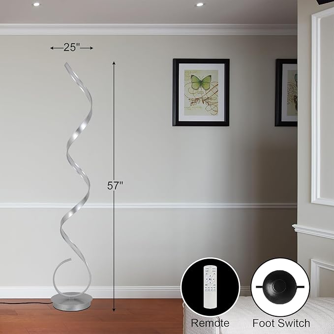 57" Modern Silver Floor Lamp,Simple Desin Shape Lamp,3 Color Light,Foot Step Switch Spriral,Floor Light with Remote for Living Room,Bedroom,Dining Room(Silver)