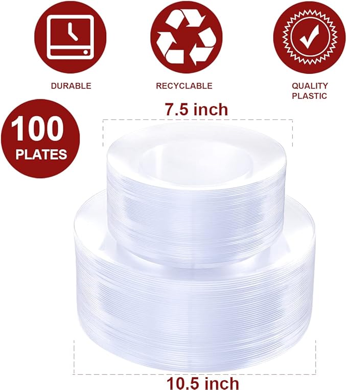 PULOTE 100Pieces Clear Plastic Plates - Premium Heavyweight Plastic Clear Plates Disposable for Wedding&Party Include 50 Clear Dinner Plates, 50 Clear Dessert/Salad Plates