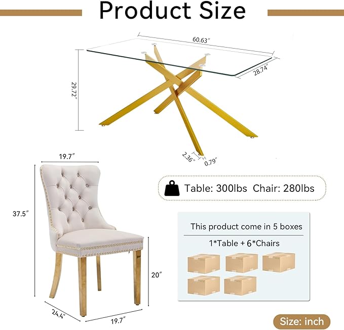 Goujxcy Glass Dining Table Set for 6, Modern Kitchen Table and Chairs Set of 6, 7-Piece Kitchen Dining Room Table Set w/61 Glass Gold Dining Table and 6 Beige Velvet Upholstered Chairs