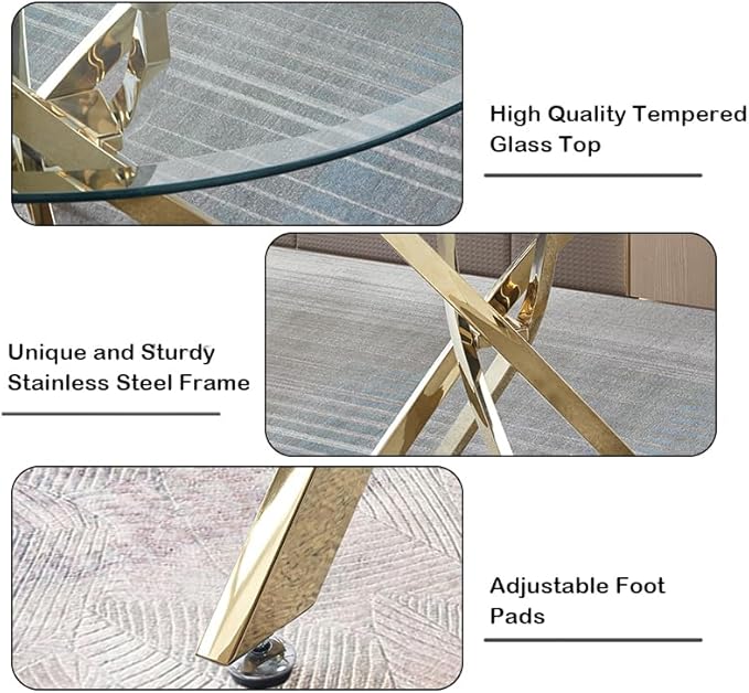 Goujxcy 3 Piece Round Glass Dining Table Set for 2, 36" Round Dining Table & Chair Set Modern Circle Glass Kitchen Table and 2 Velvet Upholstered Chairs for Kitchen Dining (Gold Table & Beige Chair)