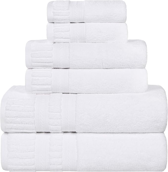Superior Venice Zero Twist Cotton Medium Weight Towels, for Guest Bath, Bathroom, Shower, Spa, Plush Towels, Bath Essentials, Ribbed Textured Border, 6 Piece Assorted Towel Set, White