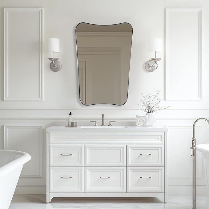ANDY STAR Brushed Nickel Mirror, 24x36 Inch Scalloped Mirror, Unique Bathroom Mirror with Rust-Proof Stainless Steel Metal Frame, Ideal for Entryway, Powder Room