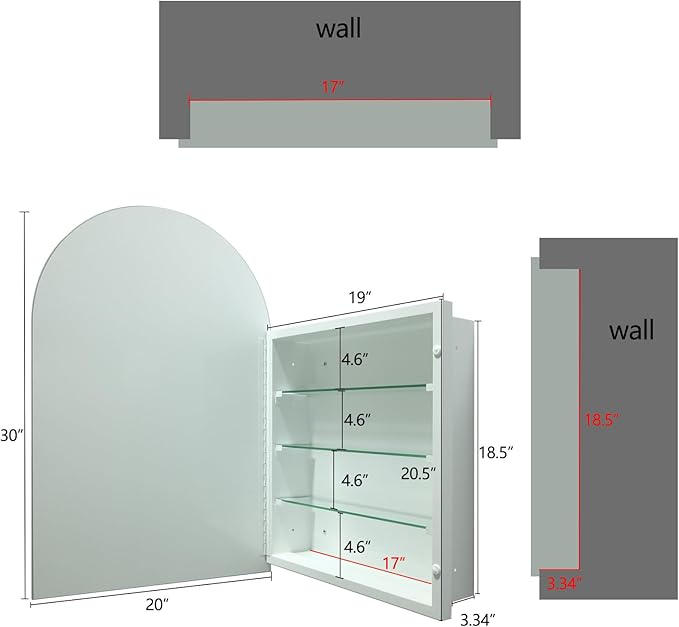 20x30 Inch Arched Medicine Cabinet with Mirror,Recessed Or Surface Mount for Bathroom Bedroom with Storage, Arched Frameless Medicine Cabinet
