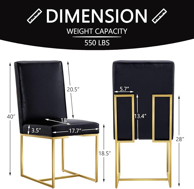 AUZ Dining Chairs Set of 4, Black Faux Leather Upholstered Dining Room Chairs with Polished Gold Stainless Steel Sled Legs