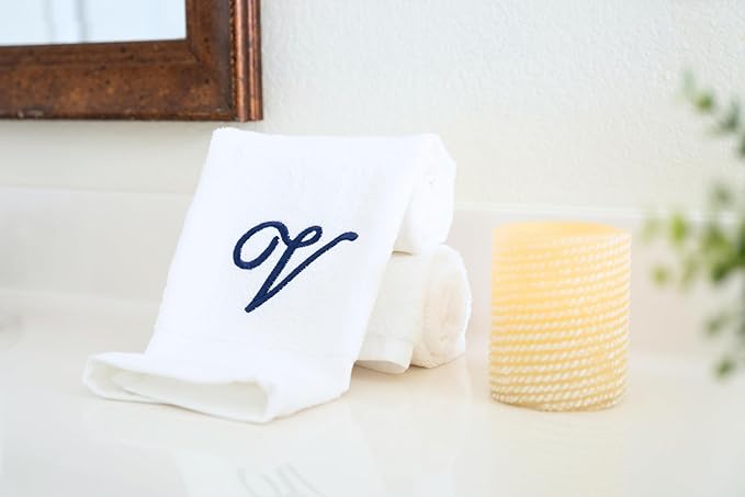 White Monogrammed Hand Towels for Bathroom - Luxury Hotel Quality Personalized Initial Embroidered Towel for Powder Room, Spa - GOTS Organic Certified - Set of 2 Navy Letter V