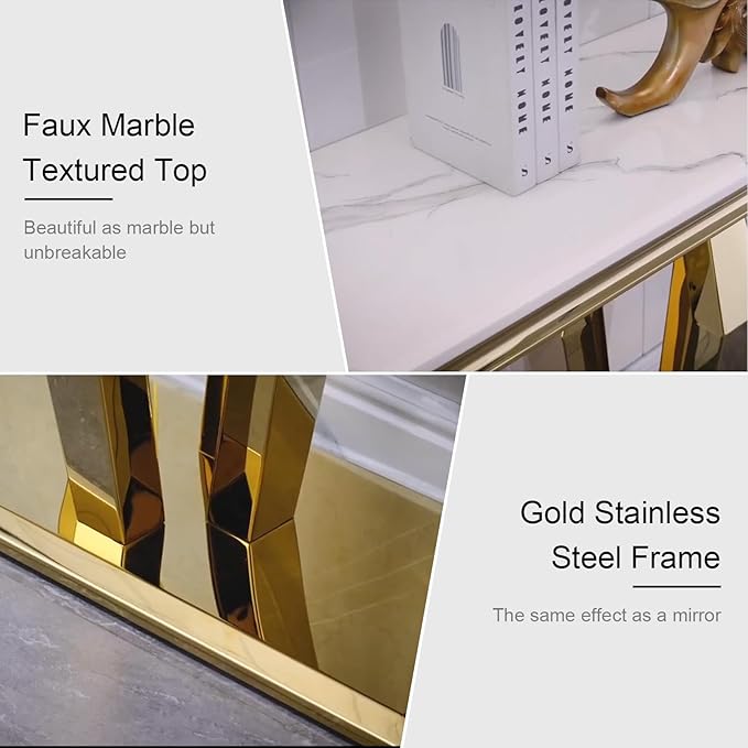 4-Piece Coffee Table Set, White and Gold Living Room Tables with 4 Geometric Bases, 1 Coffee Table + 2 End Table + 1 Console Table for Home Office