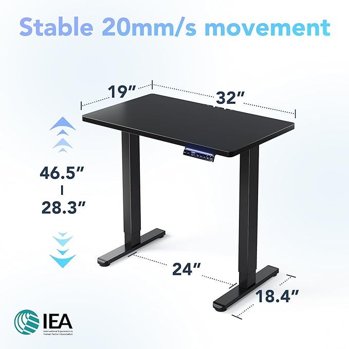 HUANUO One-Piece AI-Powered Electric Standing Desk, Smart APP, Compatible with Alexa & Google, Adjustable Height, 6 Memory Settings, Sedentary Reminder, Ergonomic Sit-Stand Desk, 32-inch, Black