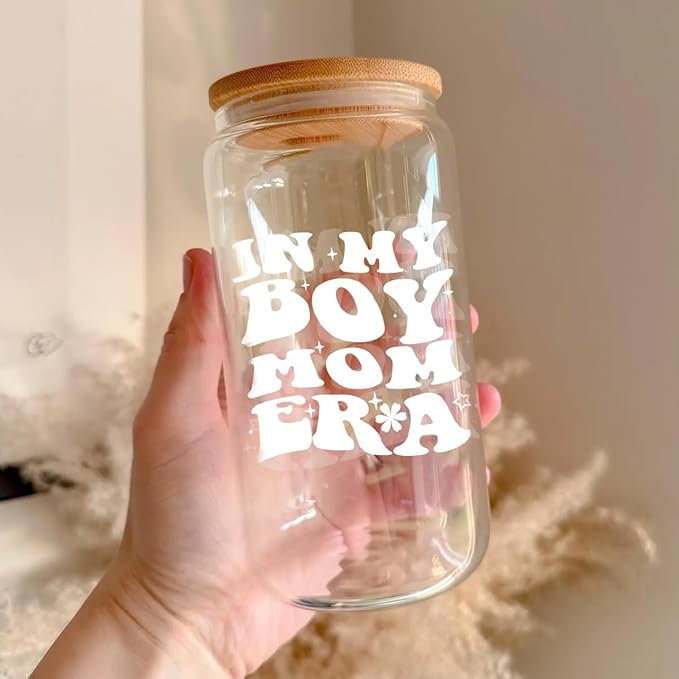 In My Boy Mom Era Cup - 16oz Glass Cup with Lid and Straw, Gift for Moms, Pregnant Moms, Drinking Cup for Christmas and Mother's Day