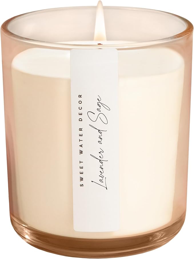 Sweet Water Decor Lavender and Sage Scented Soy Candles – French Lavender, Lime, Sage, Ginger, – Cozy All-Year-Round Aroma – 50 Hour Burn – 12oz Tinted Glass Jar for Home Decor and Bedroom Decor